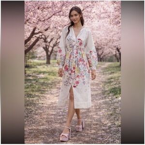 Anthropologie NWT Let Me Be Long-Sleeve V-Neck Floral A-Line Midi Dress size MP.